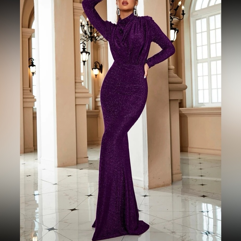 Luxe Draped Front Mock Neck Ruched Glitter Evening Wedding Party Formal Dress